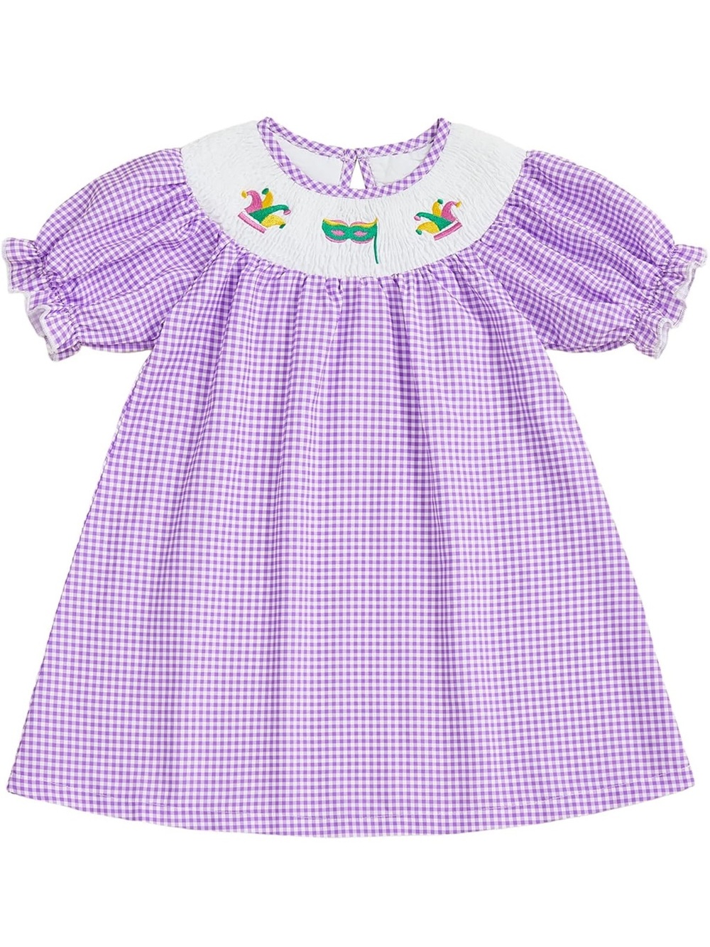 Lavender Gingham Smocked Dress with Mardi Gras Motif